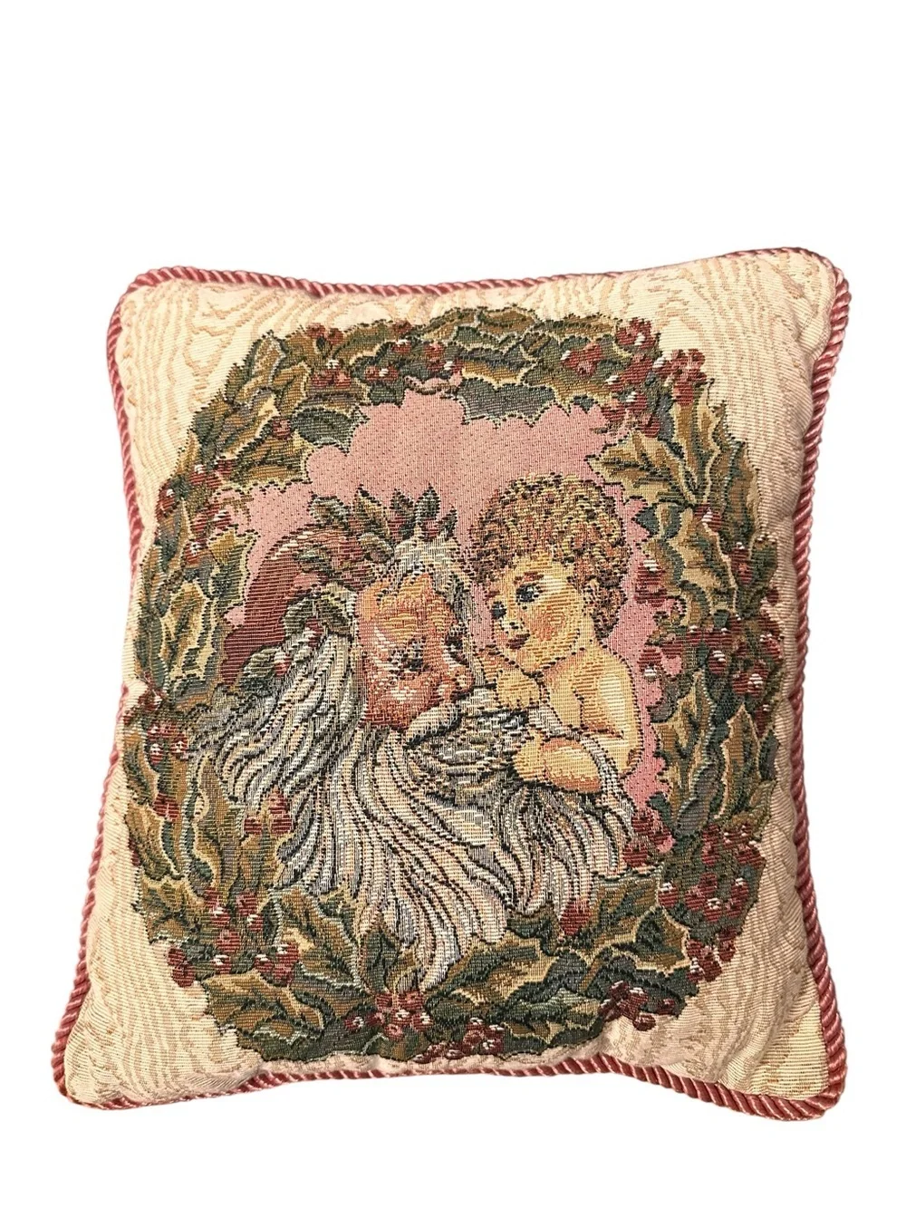 Christmas Pillow Santa Tapestry Corded Pink Back Riverdale Made USA Set Of 2